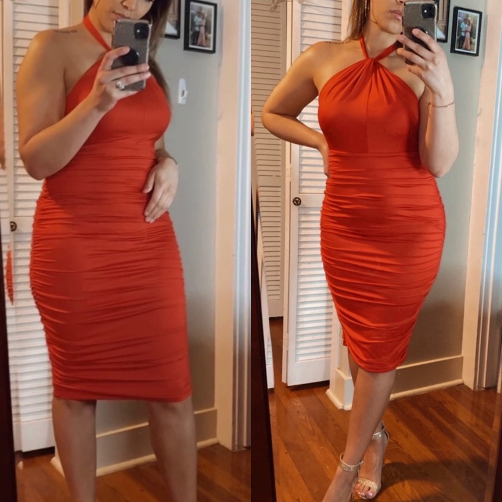 Ruched Halter Neck Cocktail Midi Dress